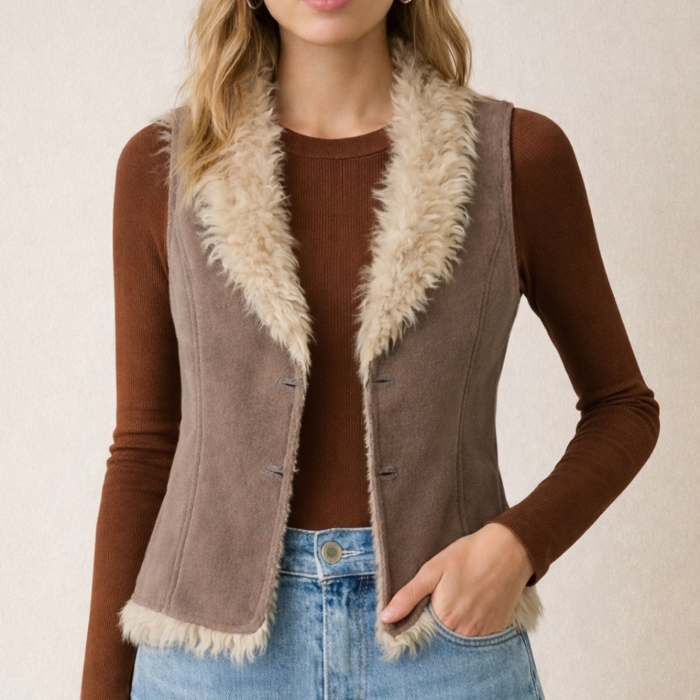 Leather Vest Faux Sherpa Lining Size Large Boho Festival Gorpcore